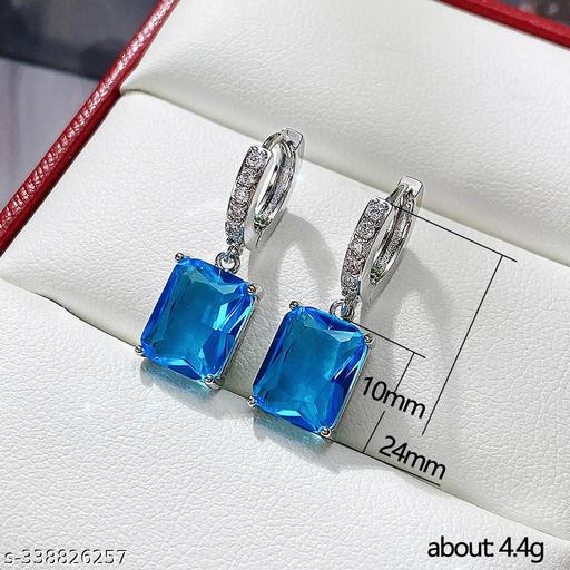 Jewels Galaxy Silver Plated Blue Rectangular American Diamond Studded Crushed Ice Cut Drop Earrings