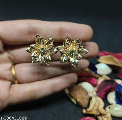 Trendy Korean Gold Flower Design Crystal Stud Earrings for Women & Girls