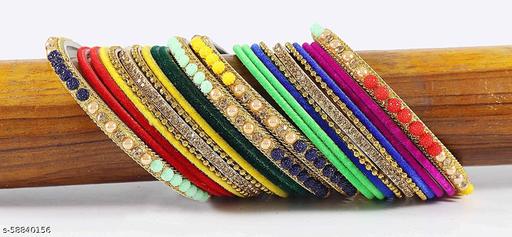 ZULKA Non-Precious Metal Zircon Gemstone Beads with Velvet Worked Glossy Bangle Set For Women/Girls, (Multicolour), Pack of 22 Bangle Set