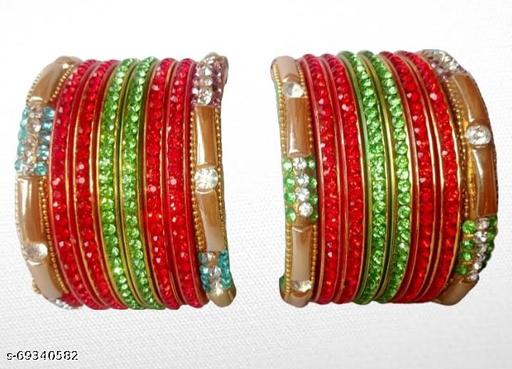 RADHIKAA FASHIONS Jaipuriya Stylish Crystals Sheep Bangles (Pack of 16) (Green-Gold-Red)