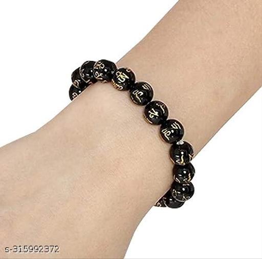 numeroastro Om Mani Padme Hum Black Obsidian Bracelet For Men & Women (Stretchable) (10 MM Beads) (1 Pc)
