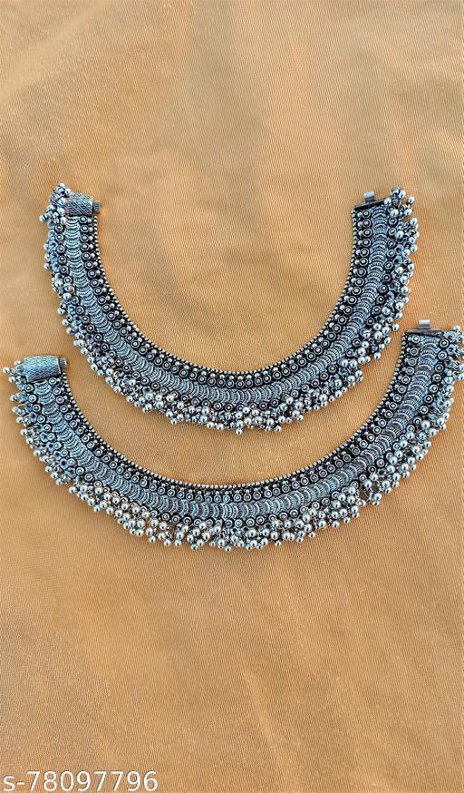 Set of 2 Oxidised German Silver Ghungroo Anklets with Silver Plating