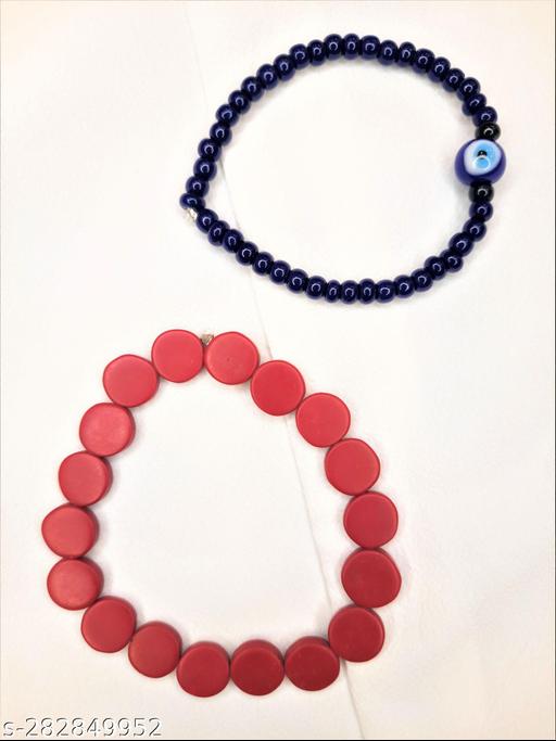 Set Of 2 Beaded Elasticated Black Beaded Evil Eye & Red Flat Beads Bracelets