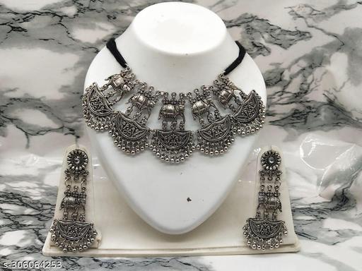 Latest-Stylish-Fancy-Oxidised-Silver-Choker-Necklace-Jewellery-Set-for-Women-(Silver)