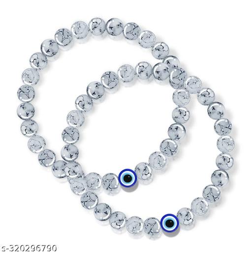 Uniqon (Pack Of 2 Pcs) Elastic Stretchable 8mm Natural Feng-Shui Healing Howlite Gem Marble White Printed Pearl Beads/Stone Evil Eye Nazariya Wrist Band Cuff Bracelet For Men's & Women's