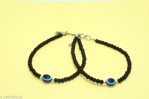 Pair of Black Beads Evil Eye Studded Adjustable Chain Anklet