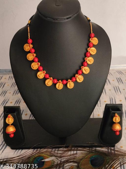Handmade-Terracotta-Jewellery-Set-(Gold-with-Red)
