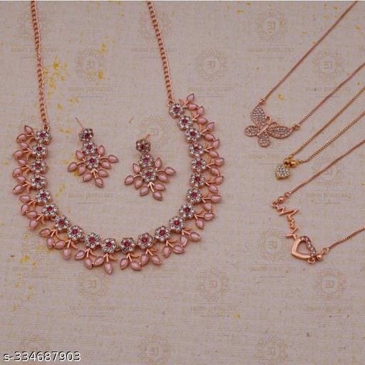 BR-Jewellery-Peach-Color-Gold-Plated-Crystal-Necklace-Jewellery-Set-with-Earrings-&-3-Trendy-Chain-for-Women-and-girls