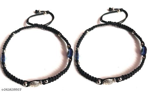 Jyokrish handmade adjustbale Black Thread Metal silver Fish with 2 Blue evil eye Anklet |For Women |Girls |Nazariya |Good Luck |Payal | Freee size| Pair of 1
