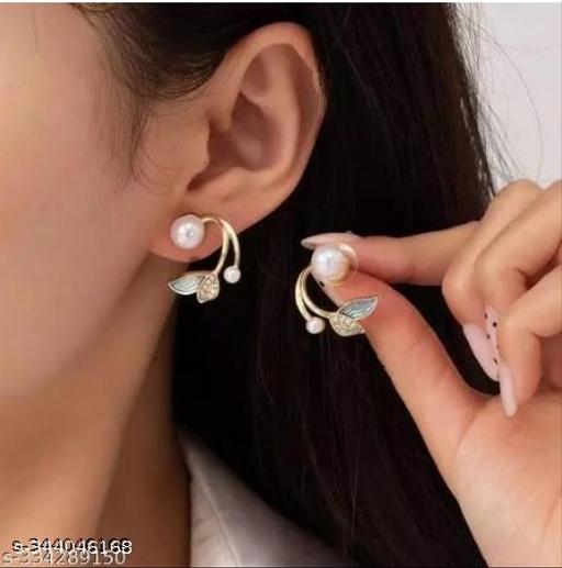 Onuyx Korean Sparking Diamond Pearl Leaf Earring for Women Gold