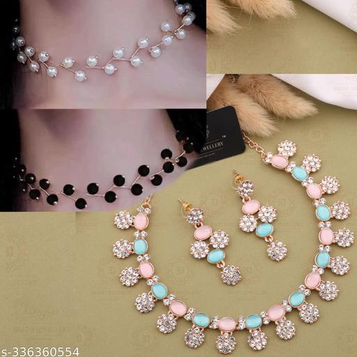 VISAMART-jewels-Pink-and-White-American-Diamonds-Necklace-with-TWO-FANCY-NECKLACE-and-A-pair-of-Earrings-for-Women-and-girls