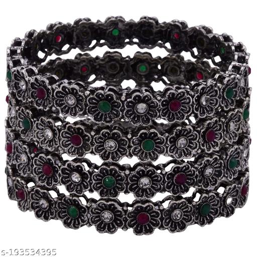 Hrinkar Grey Plated Traditional Bangles Set for Women | Set of 4 American Diamond Jewellery Multicolor Stone Metal Bangle - HBGL1090 Bracelet & Bangles