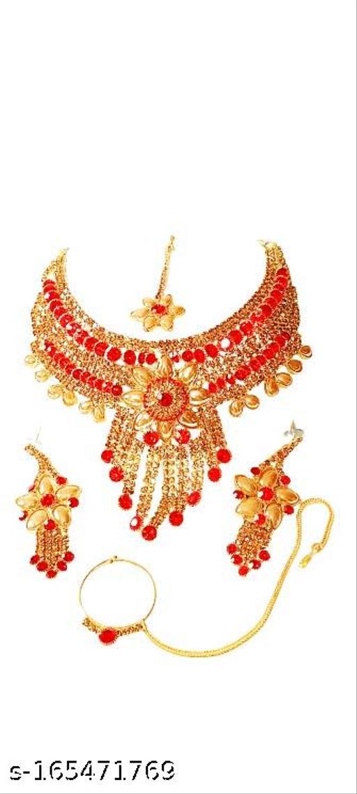 Traditional-Stone-Red-&-Copper-Gold-Plated-Jewellery-Set-for-Women-Indian-Ethnic-Alloy,-Stone-Gold-Plated-Necklace-Set-Earrings-with-Maang-Tikka-+-Nath