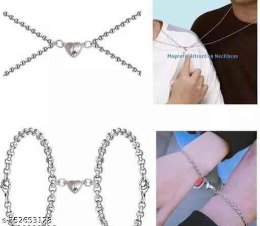 Magnetic Valentines Day Relationship Forever Matching Love Couples Friendship Promise 2 In 1 Duo Broken Heart Pendant Locket And Wrist Band Cuff Chain Bracelet