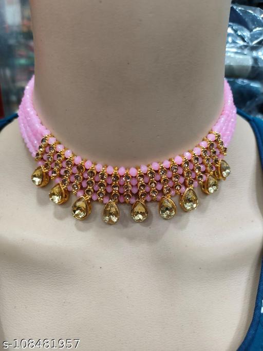 Trendy-Swank-Beautiful-Pink-Necklace,-Earrings-And-Tikka-Set