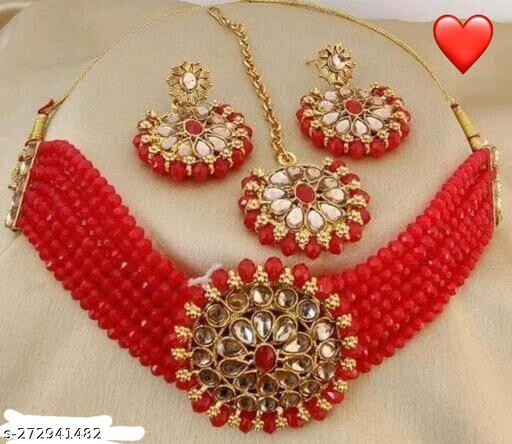 Traditional-Choker-Necklace-Set-Earrings-With-Mang-Tikka-Combo-Set-For-Women-Beads-Jewellery