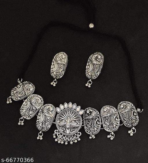 Jewellery-Oxidised-Silver-Latest-Desigen-Dancing-Peacock-Choker-Necklace-Set-for-Women-&-Girls-Jewellery-Sets