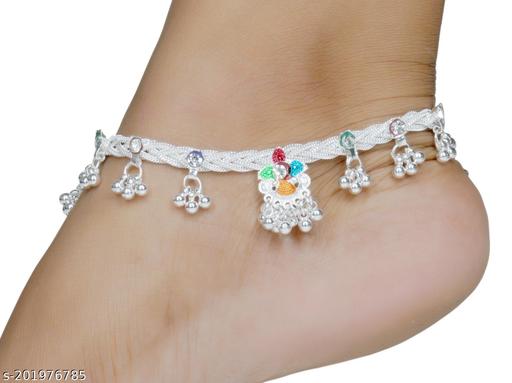 Taksheel Indian Traditional White Metal Anklets Payal Pair for Women Girls Fancy Collection with Silver Plating Attached Ghungroo Fashion Designer Barefoot Foot Jewellery