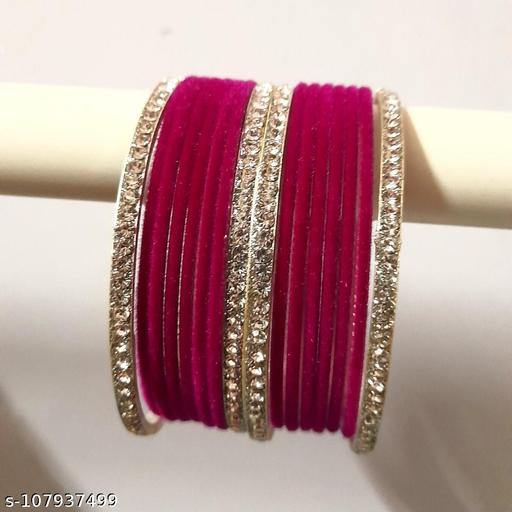 Pink Velvet Bangles with 4 White Stone Kangans