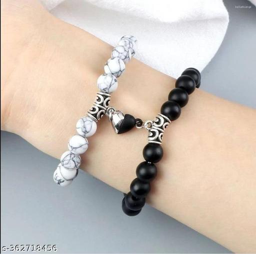 (Pack Of 2 Pcs) Unisex Adjustable Stylish Trending Black & White Round Pearl Bracelet Gift Jewellery Set