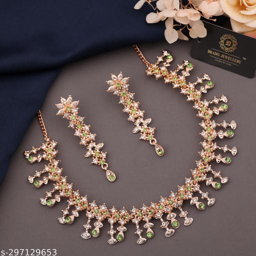 VHV-Pack-of-1-Rose-Gold-Plated-American-Diamond-and-Heavy-Polished-Diamond-Choker-Necklace-set-with-1-Pair-of-Earrings-Jewellery-Set