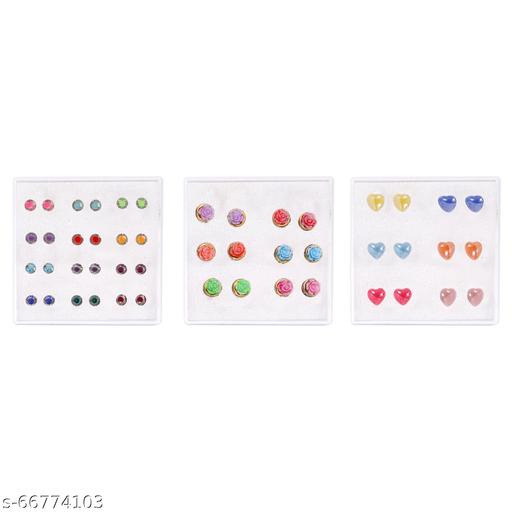 Honbon Multicolor small Crystal & Heart Shape & Multi Color Flowers Stud Earrings With Plastic Back for Girls and Women (Combo of 24 Pairs)