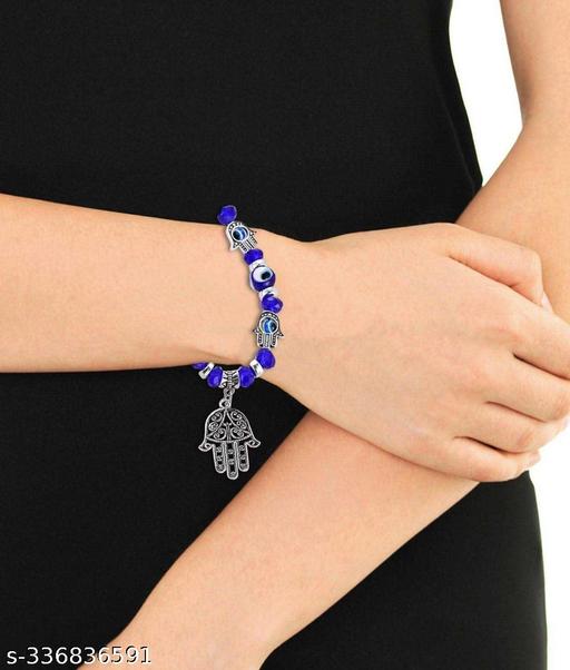 Adhvik Valentine's Round 8mm Blue Crystal Pearl Beads/Stone Evil Eye Hamsa Fatima's Lucky Hand Palm Nazariya Suraksha Kavach Friendship Promise Wrist Band Cuff Elastic Field Bracelet