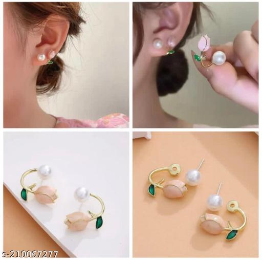 New Design Dainty Pink Tulip
Flower Earring Metal Gold Plated
Earring Tulip Pearl Stud Earrings For
Trendy Jewelry