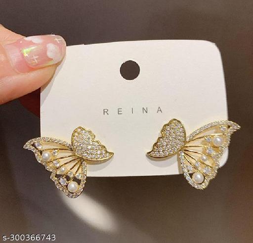 Korean Pearl And Cubic Zirconia Studded Double Sided Butterfly Stud Earrings For Women And Girls