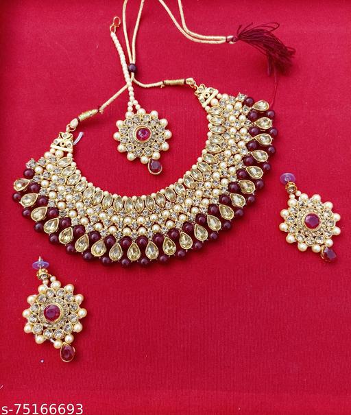 Maroon-Color-Choker-Jewellery-Set/Maroon-Kundan-Jewellery-Set/Maroon-Bridal-Set/Traditional-Pearl-Necklace/Latest-Trendy-Stylish-Stone-Pearl-Haar-With-Earrings-And-Maagtika-For-Girls-And-Women