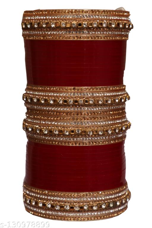 Plastic Bangle With Kundan And Artificial Stone And Beads- Maroon