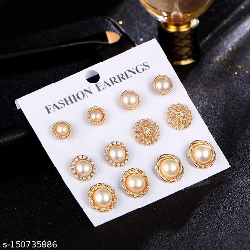 Thrillz Delicate Gold Plated Pearl & AD Floral Stud Earrings For Women Girls Combo of 6