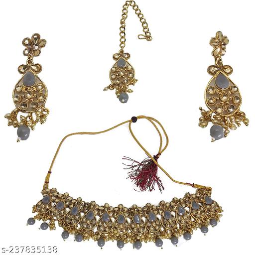 Golden-base-Grey-Colour-Kundan-work-stone-work-Pearl-work-Earring-+-Mangtika-+-Choker