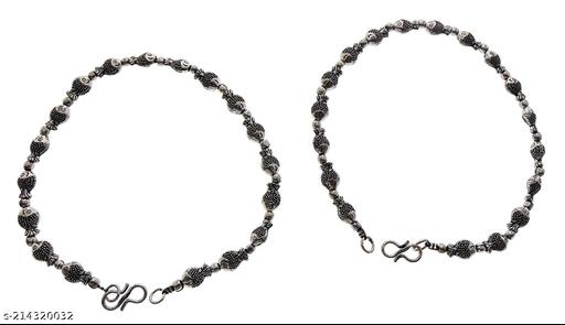 Oxidized Silver Anklet with Silver Fish Pattern Beads for Women and Girls