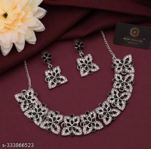Anshra-Jewel-Black-Stone-Brass-Silver-diomand-Nackles-with-Pair-Of-Earring
