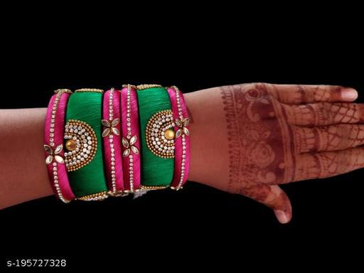 IJYA Jewels Silk Thread Bangles Kada For Women Girls 6 Pc Set Wedding & Festive Occassion Handmade Multicoloured Chura Chuda(Dark Green-Dark Pink2)New