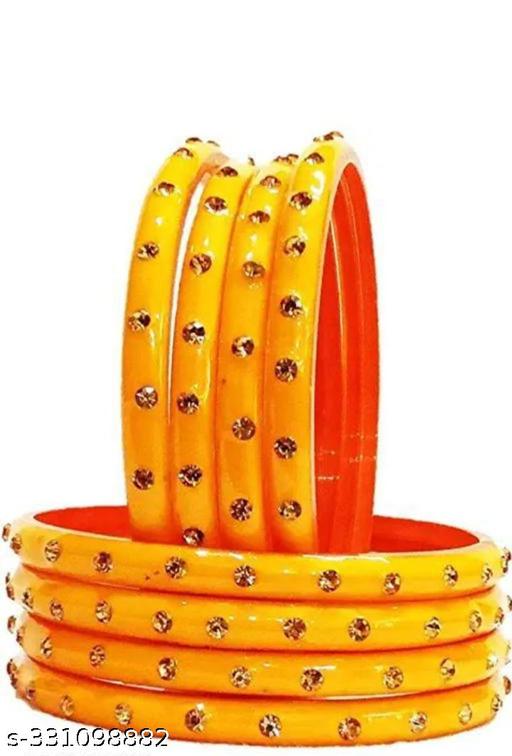 "TRENDY YELLOW BANGLES FOR WOMEN WITH GLOSSY KADE AND (8 DESIGNER KADE)