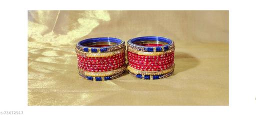 SET OF 4 GOLDEN GLASS KADA & 4 BLUE GLASS KADA WITH 12 RED GLASS BANGLES