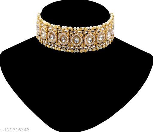 Ethnic-Kundan-Gold-Plated-White-Beads-Studded-Alloy-Necklace-Set-Bridal-Choker-Jewellery-Set-with-Earrings-&-Maang-Tikka-for-Women-and-Girls