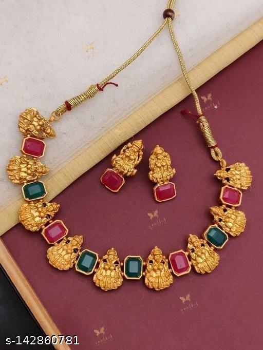 KRITICA-KREATION's-Traditional-Designer-Multi-color-Laxmi-Gold-Plated-Choker-Necklace-Set-with-Earrings-/-Trending-Temple-Design-Choker-Set