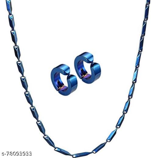 Unisex-Stainless-Steel-Long-Rice-Design-Fancy-Chain-with-1-Pair-Non-Pierced-Earings-(Blue)