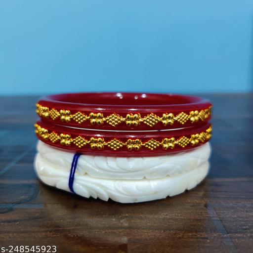 AK Bangles 1 Pair Of Saru Shankha with 2pc Red Figure Pola free NEW SHAKHA POLA FOR WOMEN