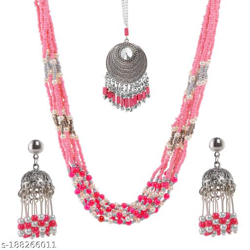 Roshal-2.0-Attractive-Looks-Pink-&-Silver-Beads-Long-Alloy-Necklace-&-Earrings-Set--10-line