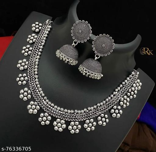 elegant-german-silver-flower-designed-choker-set-with-matching-earrings-Jewellery-Set