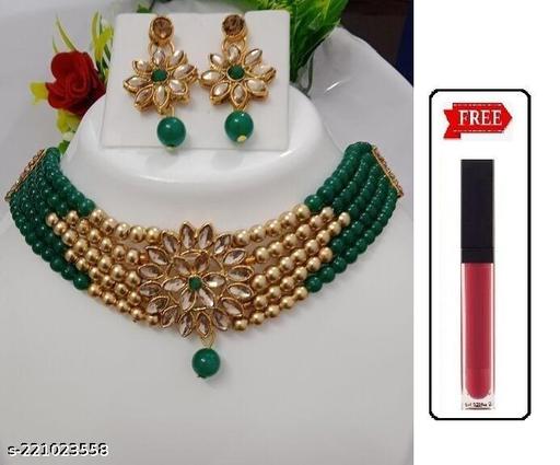 Poonam-Alloy-Dark-Green-star-jewellery-set-with-lipstics