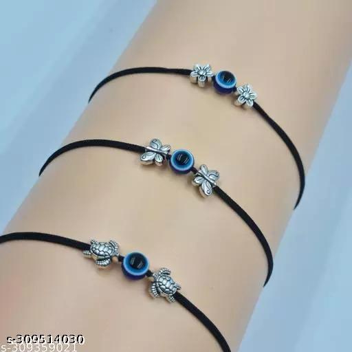 Primis Beads Bracelet with Evil Eye Stone/Buddha/Lava stone/ Unisex Beautiful Stainless Steel Glass with Blue Sapphire Husband/Wife Combo Evil Eye Nazariya Karvachauth Bracelets For Men And Women In Latest Fancy Design (Black)
