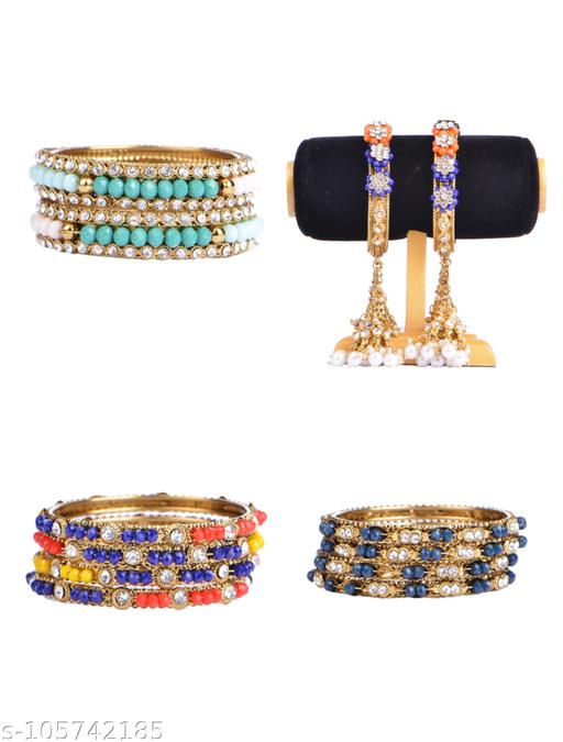 Shining Diva Latest Antique Multicolor Hanging Jhumka Set Bangles for Women and Girls Pack Of 4