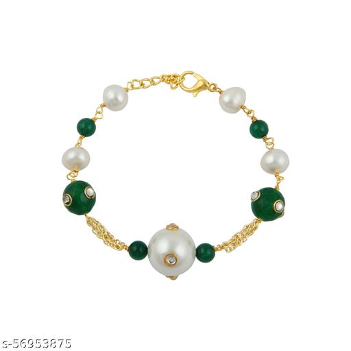 PearlzGallery White Freshwater Pearl, Shell Pearl & Green Jade 7 Inches Bracelet With Extension For Girls & Women
