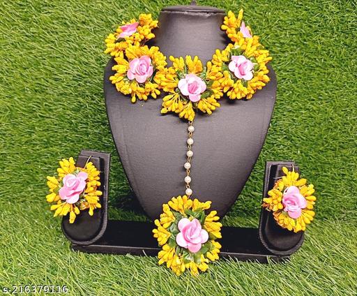TRENDY-KEYOROO-Jewellery-Set-for-Women-Floret-Gota-Patti-Necklace,-Earrings,-Bracelet-&-Maang-Tika-for-Women-&-Girls-(Mehandi/Haldi/-TURMERIC)