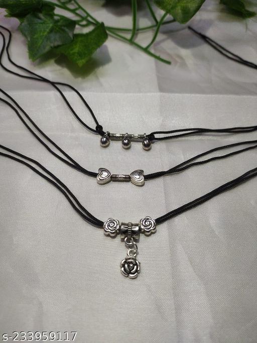 PrishiL Premium quality Adjustable black thread oxidised silver anklet pack of -3